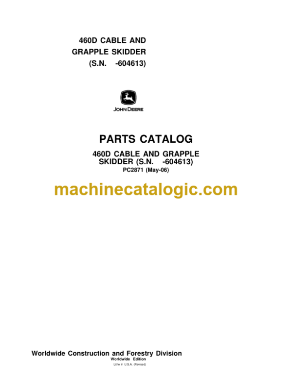 John Deere 460D CABLE AND GRAPPLE SKIDDER Parts Catalog (S.N. -604613)