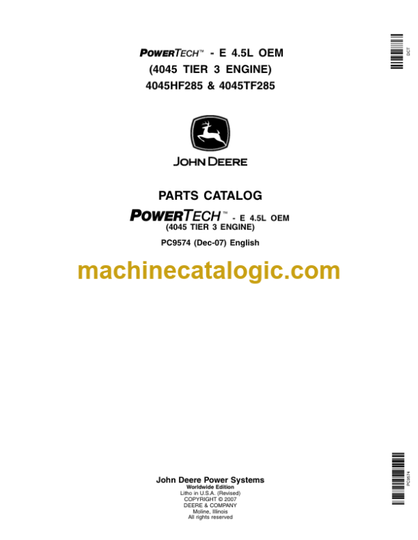 John Deere POWERTECH E 4.5L OEM (4045 TIER 3 ENGINE) PC9574 (Dec-07) English Parts Catalog