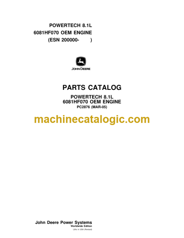 John Deere POWERTECH 8.1L 6081HF070 OEM ENGINE Loaders Parts Catalog
