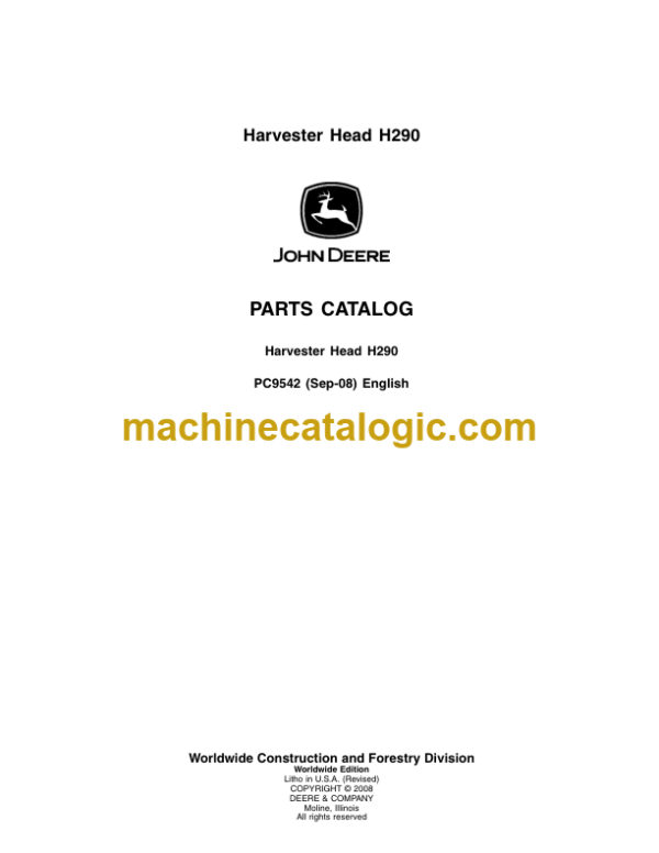 John Deere Harvester Head H290 Parts Catalog
