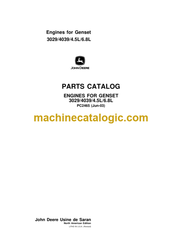 John Deere Engines for Genset 3029 4039 4.5L 6.8L Parts Catalog