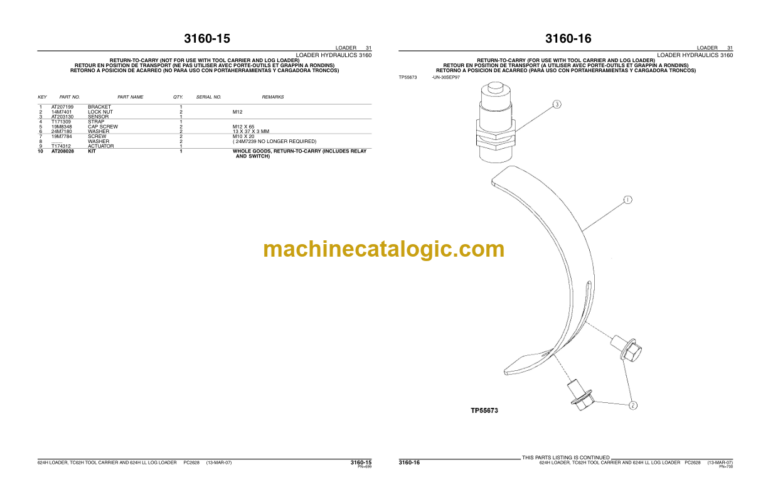 John Deere 624H Loader TC62H Tool Carrier and 624H LL Log Loader Parts Catalog