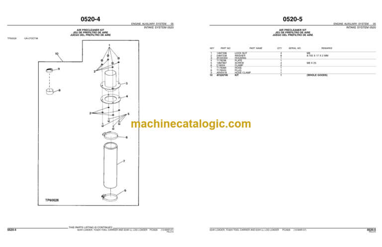 John Deere 624H Loader TC62H Tool Carrier and 624H LL Log Loader Parts Catalog