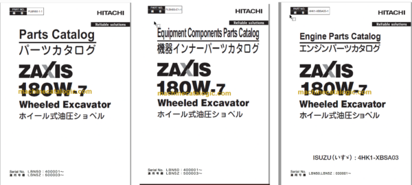 Hitachi ZX180W-7 Wheeled Excavator Parts Catalog & Engine and Equipment Components Parts Catalog