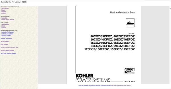 Kohler Service Literature (Service Manual, Parts Catalog, Operation Manual)