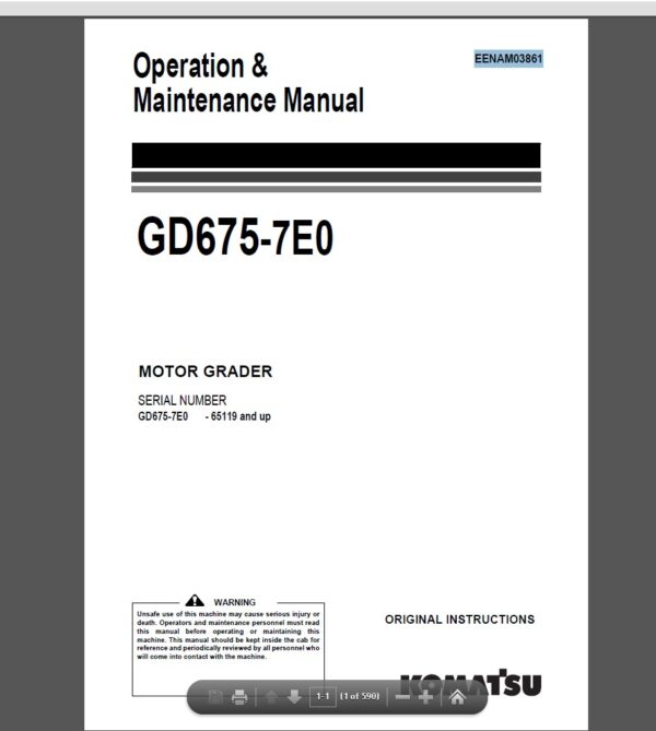 Komatsu GD675-7E0 Motor Grader Operation and Maintenance Manual