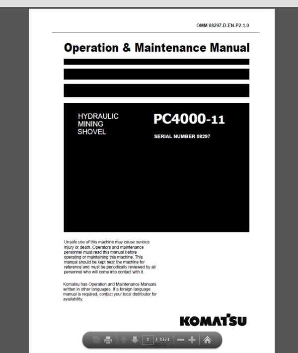 Komatsu PC4000-11 Hydraulic Mining Shovel Operation and Maintenance Manual