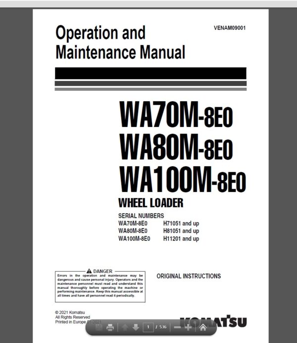 Komatsu WA70M-8E0, WA80M-8E0, WA100M-8E0 Wheel Loader Operation and Maintenance Manual