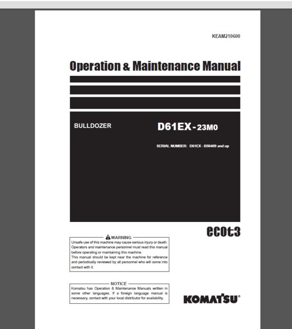 Komatsu D61EX-23M0 Bulldozer Operation and Maintenance Manual