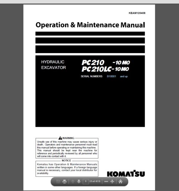 Komatsu PC210-10 M0 and PC210LC-10M0 Hydraulic Excavator Operation and Maintenance Manual