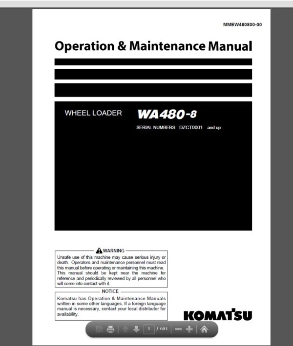 Komatsu WA480-8 Wheel Loader Operation and Maintenance Manual