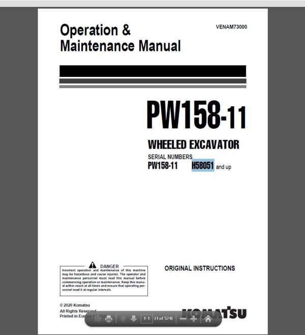 Komatsu PW158-11 Wheeled Excavator Operation and Maintenance Manual