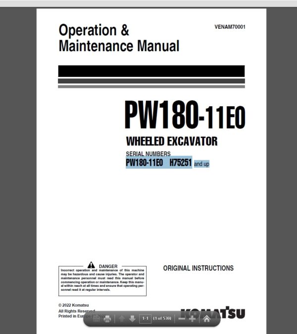 Komatsu PW180-11E0 Wheeled Excavator Operation and Maintenance Manual