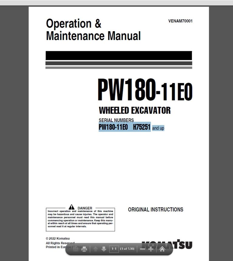 Komatsu PW180-11E0 Wheeled Excavator Operation and Maintenance Manual