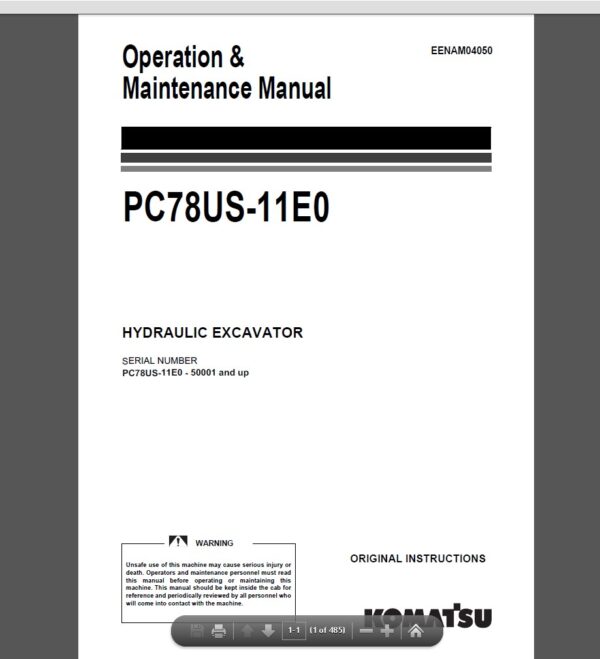Komatsu PC78US-11E0 Hydraulic Excavator Operation and Maintenance Manual