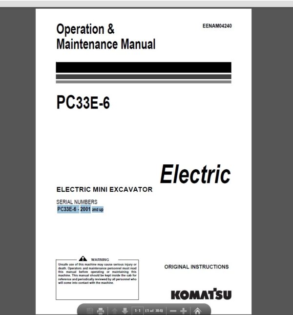 Komatsu PC33E-6 Electric Mini Excavator Operation and Maintenance Manual