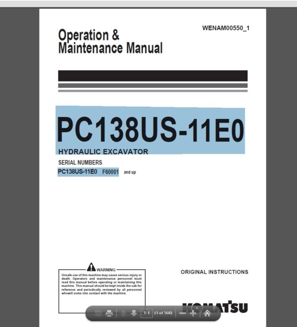 Komatsu PC138US-11E0 Hydraulic Excavator Operation and Maintenance Manual