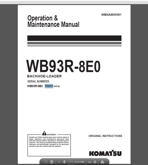 Komatsu WB93R-8E0 Backhoe Loader Operation and Maintenance Manual
