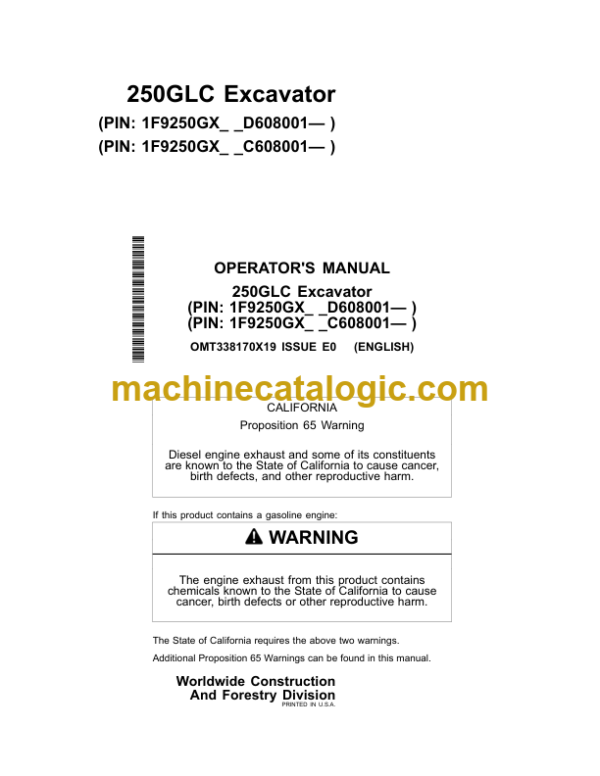 John Deere 250GLC Excavator Operators Manual (OMT338170X19)