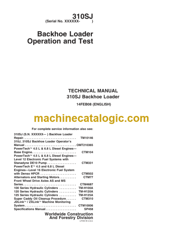 John Deere 310SJ Backhoe Loader Operation and Test Technical Manual (TM10848)