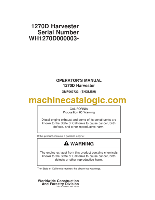 Timberjack 1270D Harvester Operators Manual (SN WH1270D000003-)