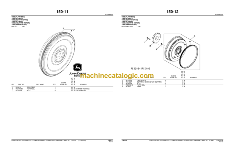 John Deere PowerTech 6.8L 6068HF 275 HF475 TF275 Oem Engines (Saran & Torreon) Parts Catalog (PC9081)