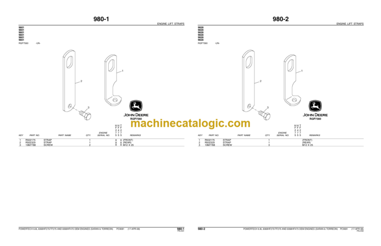 John Deere PowerTech 6.8L 6068HF 275 HF475 TF275 Oem Engines (Saran & Torreon) Parts Catalog (PC9081)