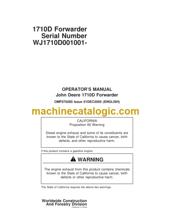 John Deere 1710D Forwarder Operators Manual (F070285)
