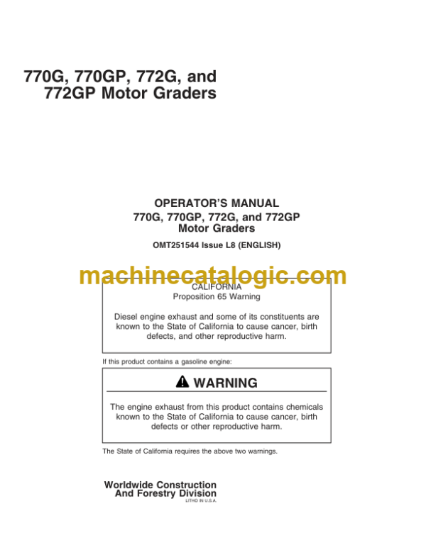 John Deere 770G 770GP 772G and 772GP Motor Graders Operators Manual (OMT251544)