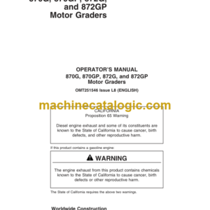 John Deere 870G 870GP 872G and 872GP Motor Graders Operators Manual (OMT251546)