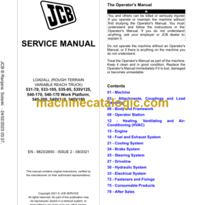 JCB 531-70 533-105 535-95 535V125 540-170 540-170 Work Platform 540-200 540V140 540V180 Loadall Service Manual 2021