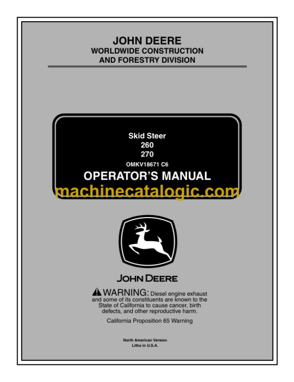 John Deere 260 270 Skid Steer Operators Manual (OMKV18671)
