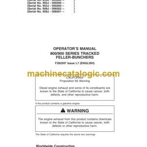 John Deere 853J 903J 953J 909 959J Tracked Feller Buncher Operators Manual (F392597)