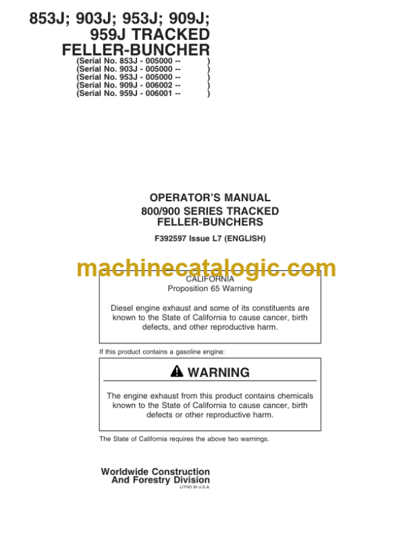 John Deere 853J 903J 953J 909 959J Tracked Feller Buncher Operators Manual (F392597)