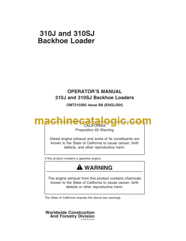 John Deere 310J and 310SJ Backhoe Loader Operators Manual (OMT210365U)