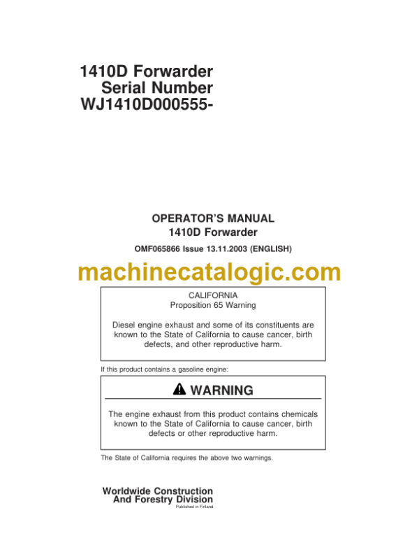 Timberjack 1410D Forwarder Operators Manual (SN WJ1410D000555-)