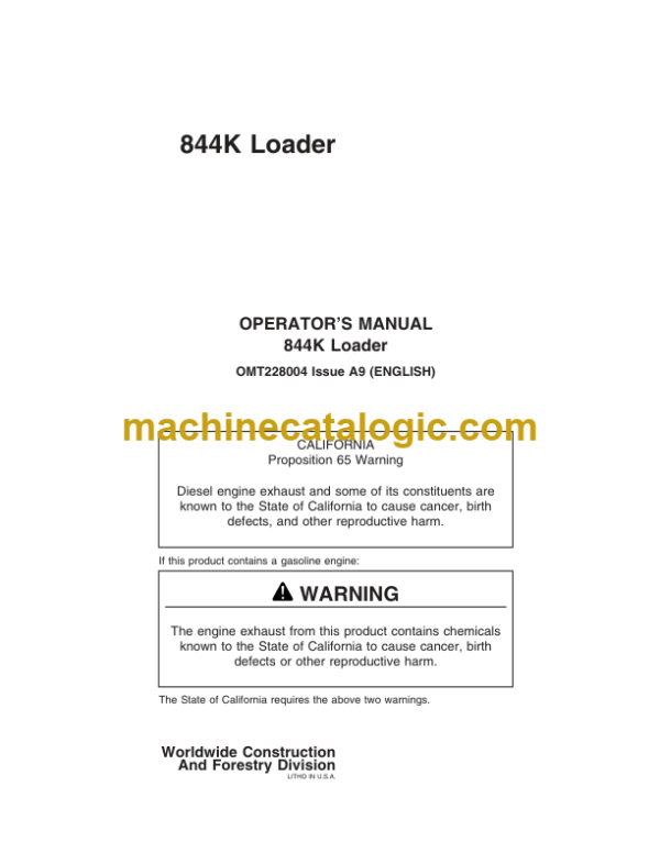 John Deere 844K Loader Operators Manual (OMT228004)