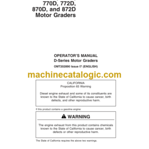 John Deere 670D 672D 770D 772D 870D and 872D Motor Graders Operators Manual (OMT202890)