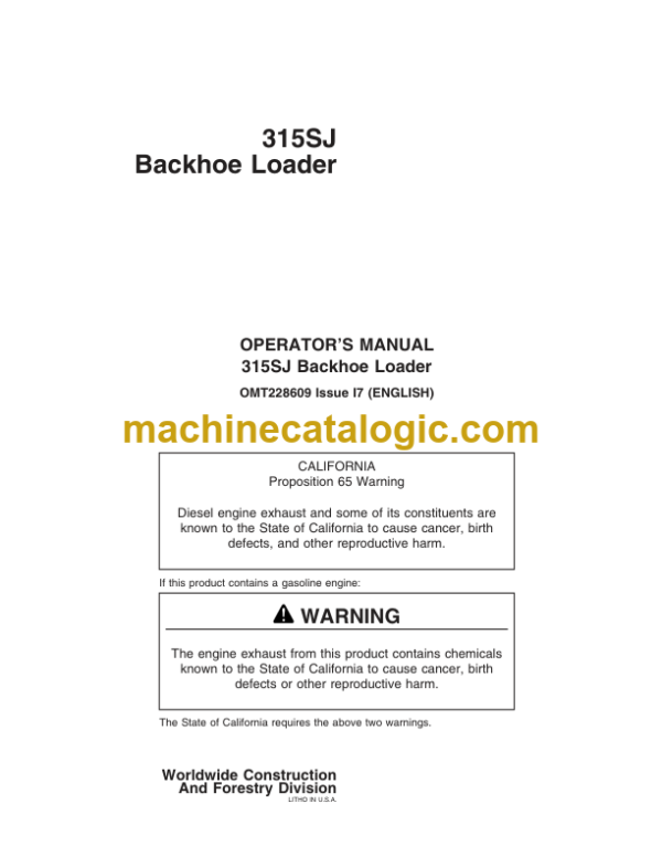 John Deere 315SJ Backhoe Loader Operators Manual (OMT228609 315SJ)