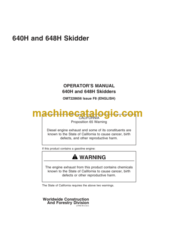 John Deere 640H and 648H Skidder Operators Manual (OMT228656)