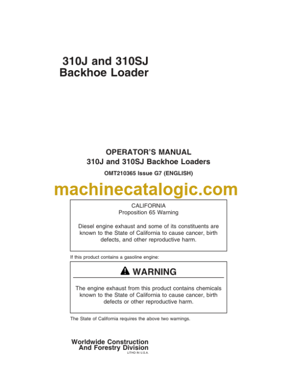 John Deere 310J and 310SJ Backhoe Loader Operators Manual (OMT210365)