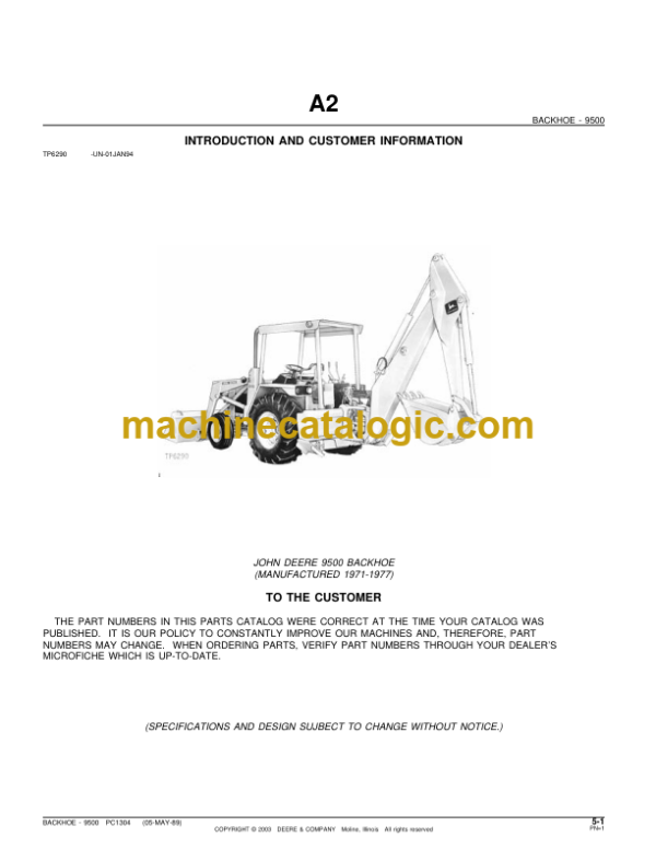 John Deere 9500 Backhoe Loader Parts Manual