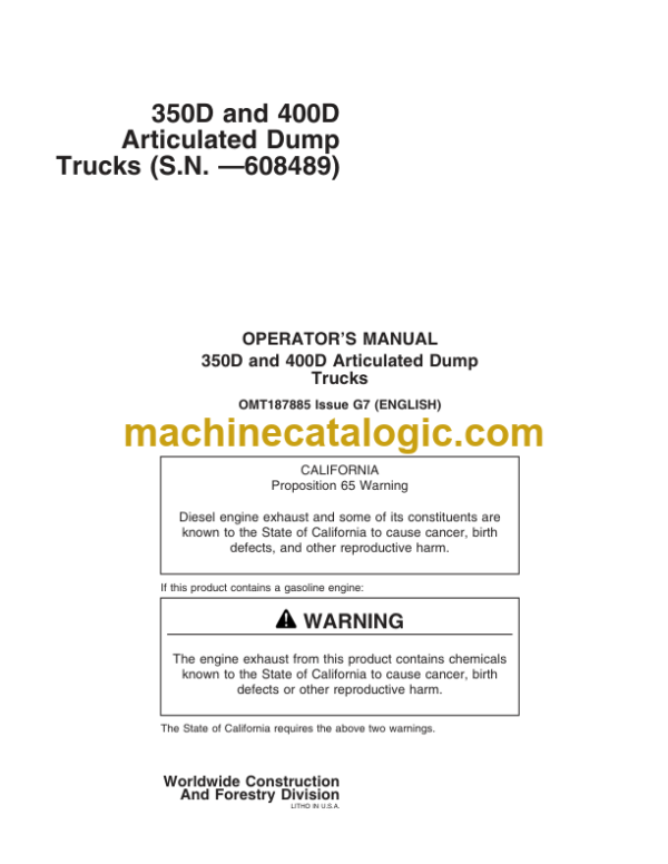 John Deere 350D and 400D Articulated Dump Trucks Operators Manual (OMT187885)