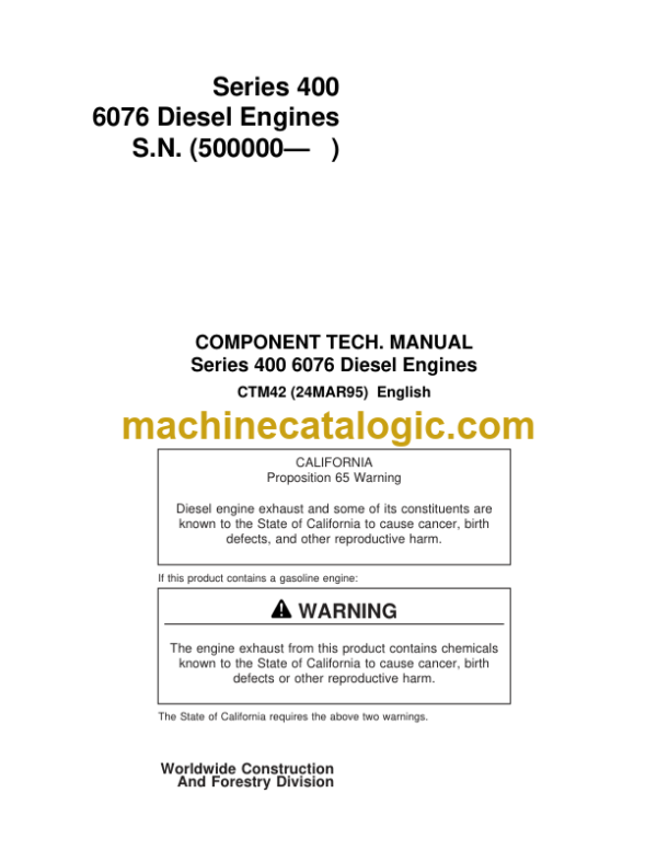 John Deere Series 400 6076 Diesel Engines Component Technical Manual (CTM42)
