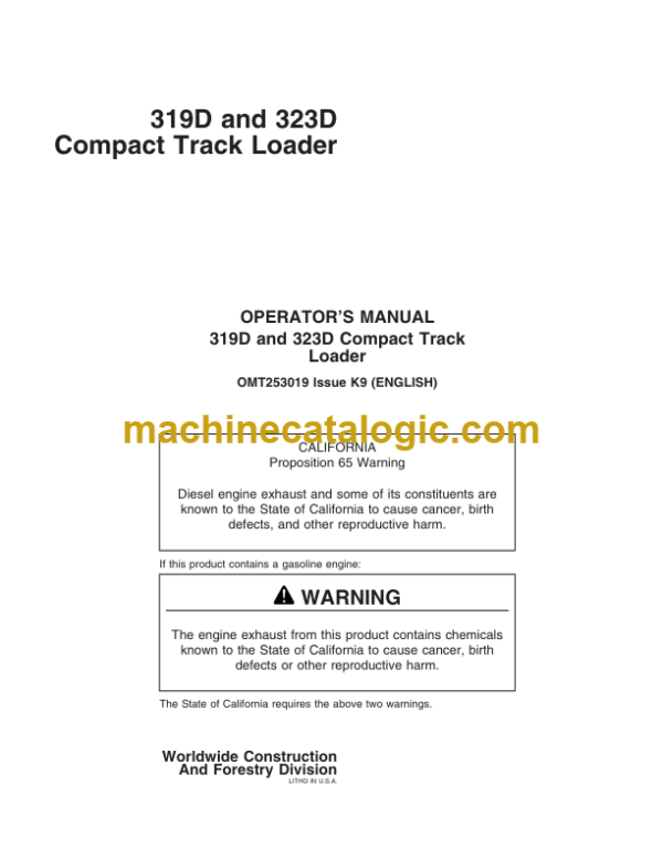 John Deere 319D and 323D Compact Track Loader Operators Manual (OMT253019)