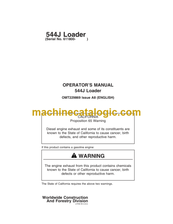 John Deere 544J Loader Operators Manual (OMT229869)