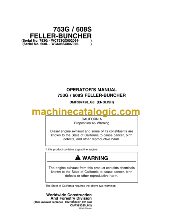 Timberjack 753G 608S Feller Buncher Operators Manual