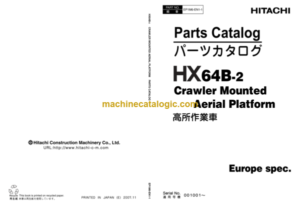 Hitachi HX64B-2 Crawler Mounted Aerial Platform Europe spec. Parts Catalog