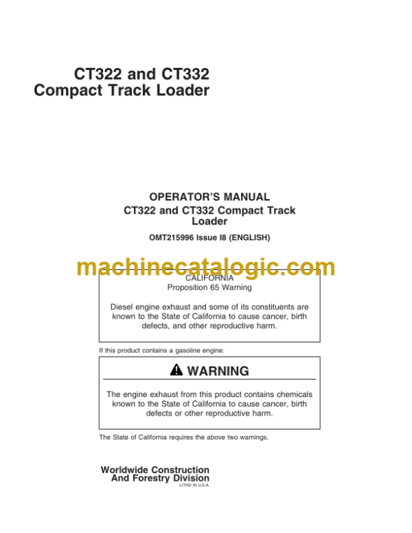 John Deere CT322 and CT332 Compact Track Loader Operators Manual (OMT215996)