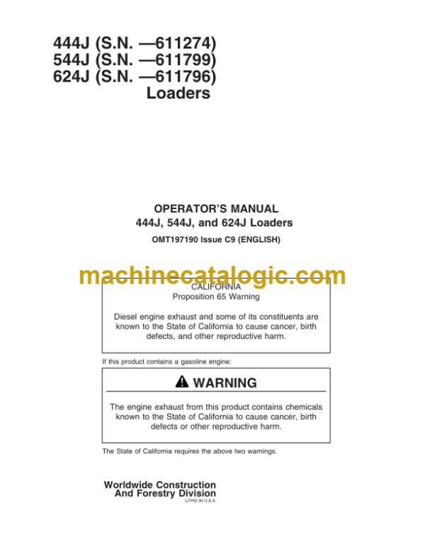 John Deere 444J 544J 624J Loaders Operators Manual (OMT197190)